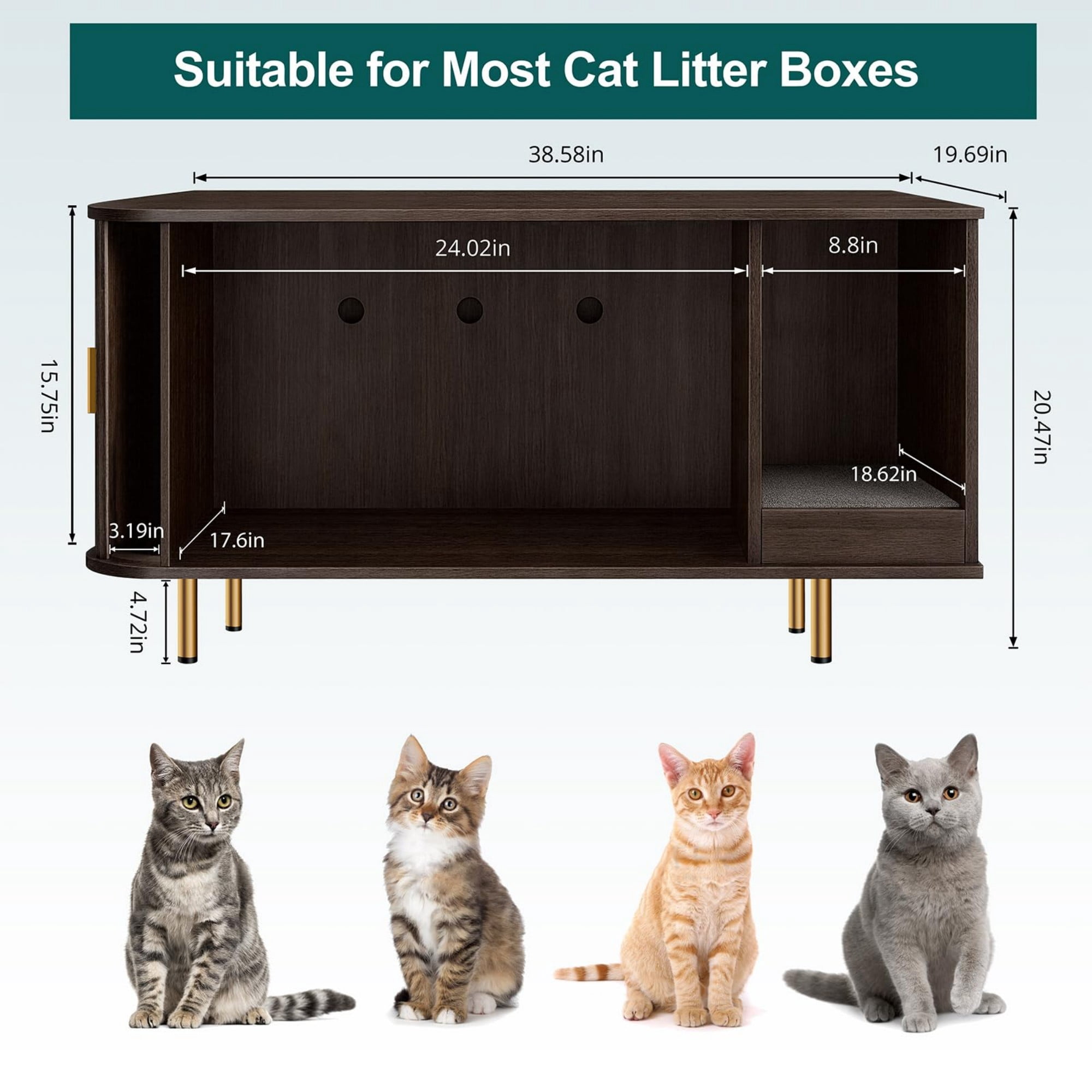 Cat Litter Box Enclosure Furniture with Sliding Door, Hidden Cat House Cabinet with Scratch Pad, Modern TV Stand Side Table, Coffee