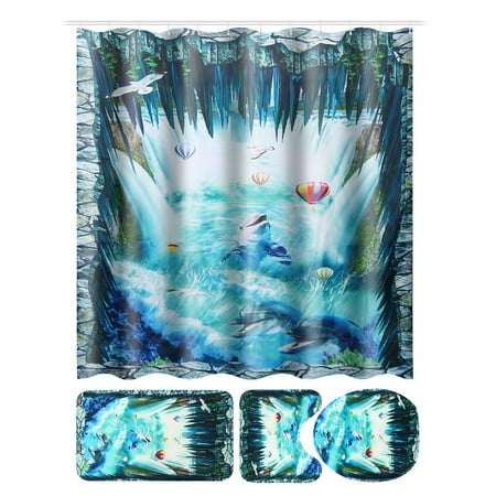 4pcs Bathroom Shower Curtain Set with Toilet Lid Cover Bath Room Floor Mats Pedestal Rug For Home Hotel Christmas Decor Waterproof