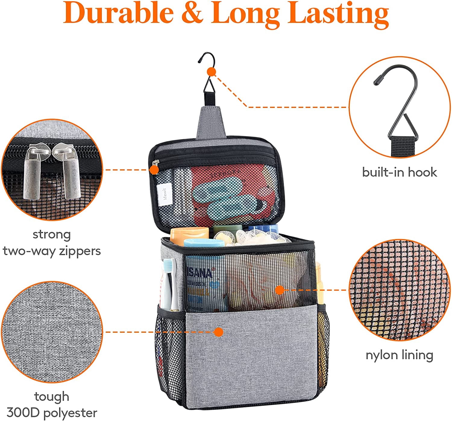 RGHJAR-Shower Bag Mesh Shower Caddy Portable College Dorm Room Essentials Tote Bag for Bathroom, Gym, Travel, Camping Quick Dry Hanging Shower Organizer Basket Toiletry Bag, Medium, Grey