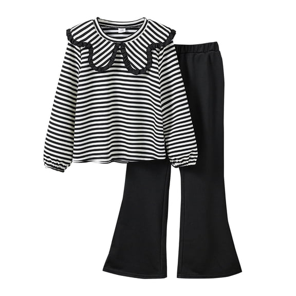 Owordtank Girls Trendy Casual Sweatsuit: 2-Piece Striped Print Collar Pullover Sweatshirt & Flare Pants, Fall Winter School & Play Outfit