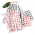 thumbnail image 2 of De moda a cuadros 100% gasa de algodón amantes conjuntos de pijamas de los hombres de las mujeres de Primavera de manga larga informal japonés pijamas Homewear, 2 of 4