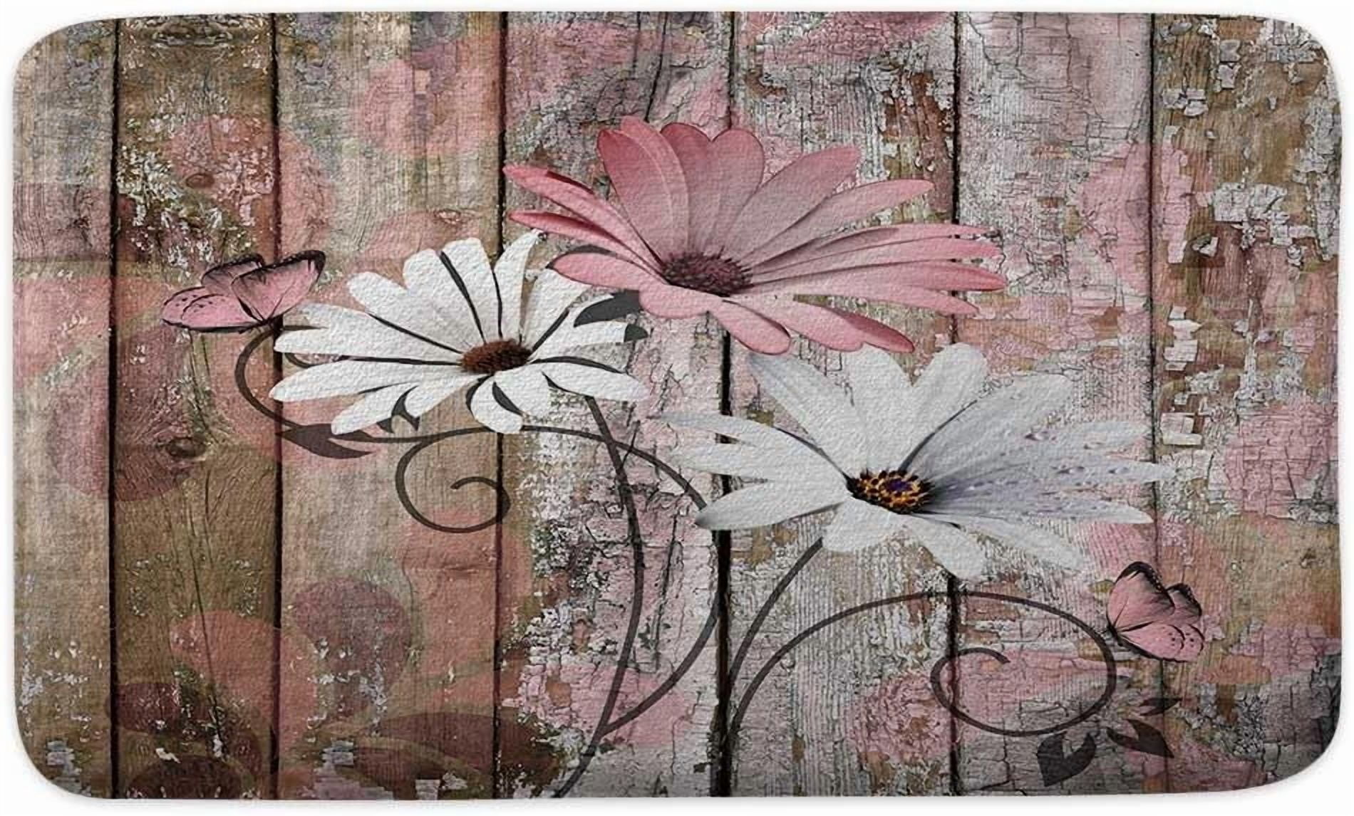 Farmhouse Floral Flower Bath Mat, Daisy Rustic Wooden Plank Country Barn Wood Pink Flower Non-Slip Flannel Soft Doormat Floor Entryways Outdoor Indoor Front Door Mat, (17X29)