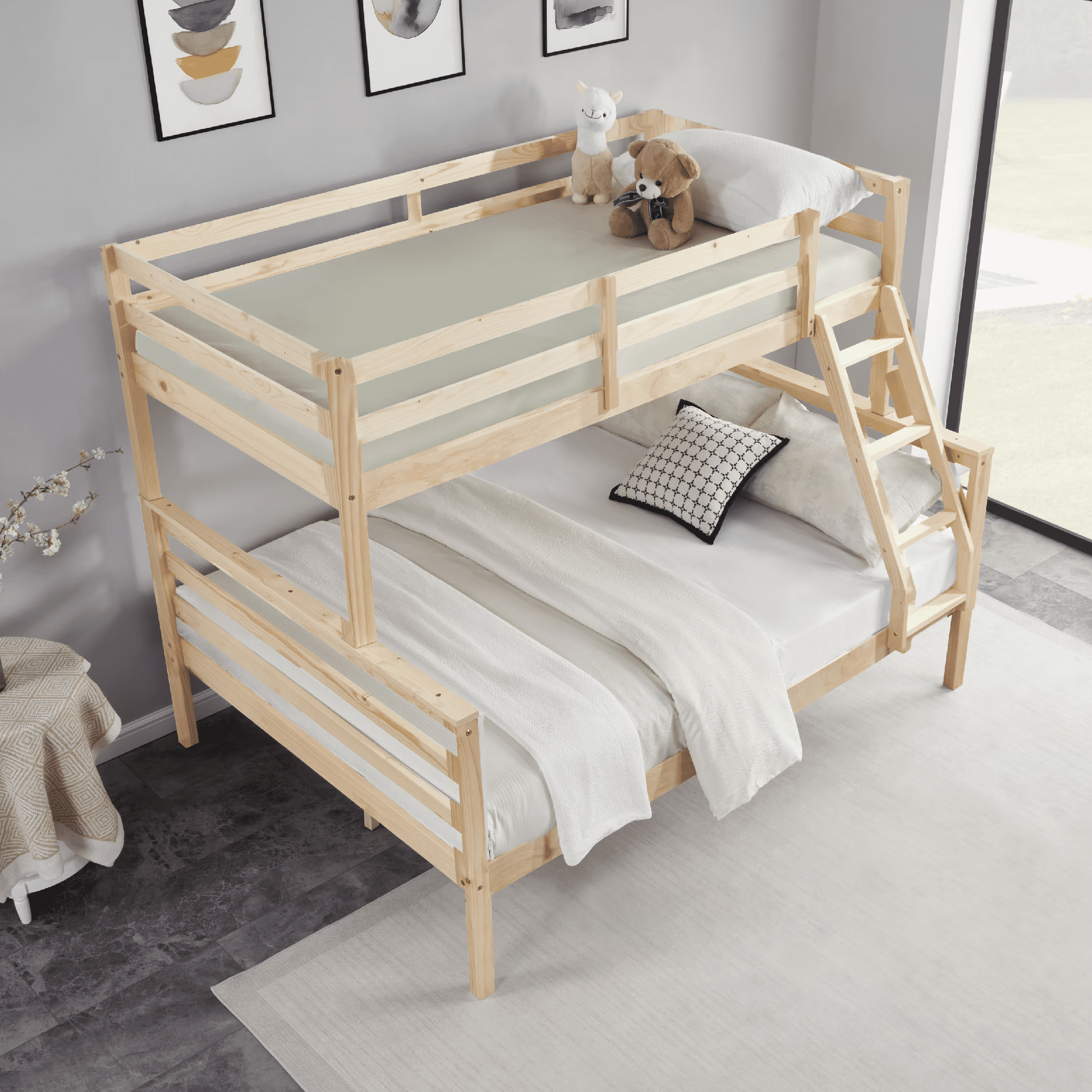 MAYEERTY Twin over Full Bunk Bed with Ladder, Wooden Bed Frame with High Guardrail and Ladder for Kids, No Box Spring Needed, Natural