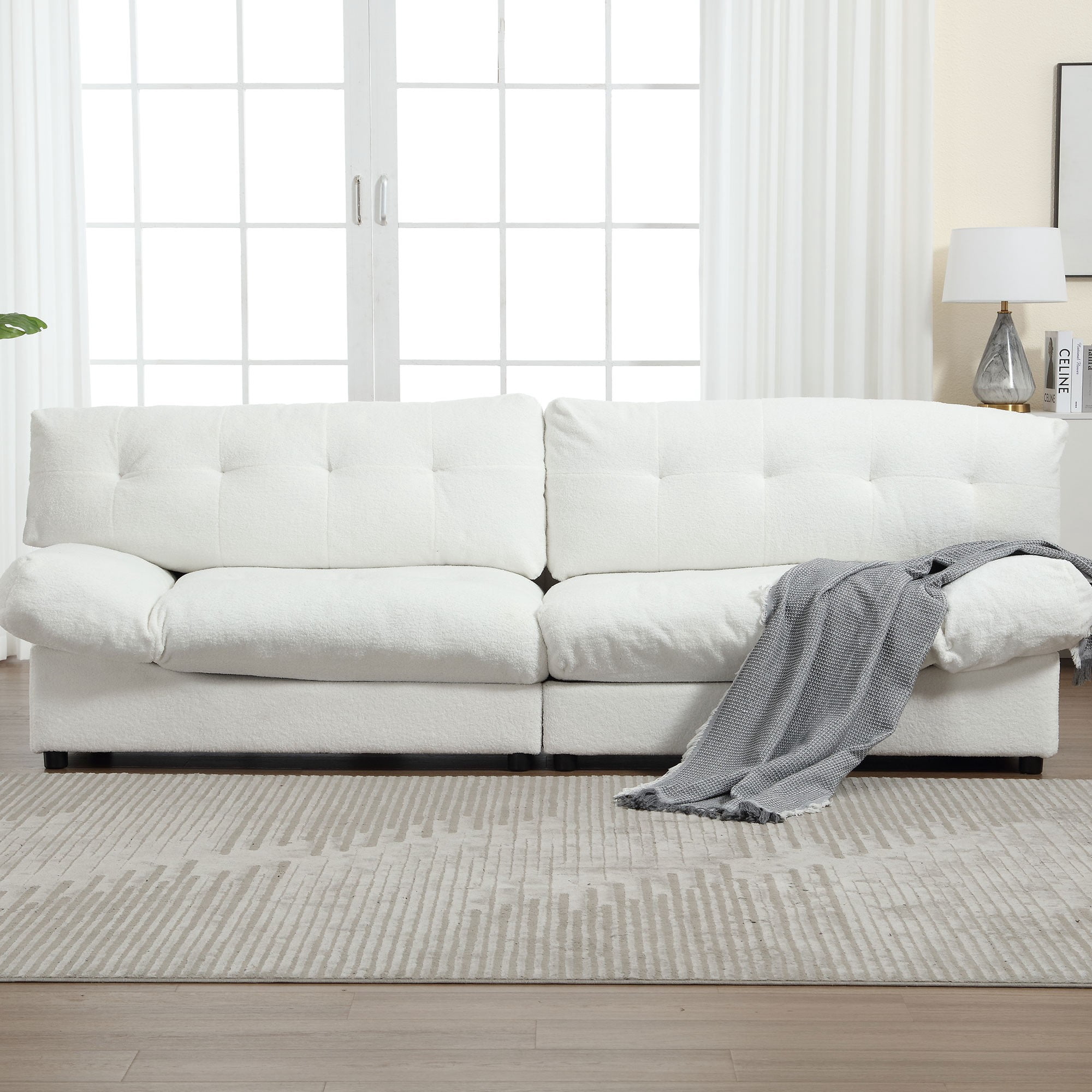 108" Oversized Comfy Sofa Couches,Teddy Velvet Fabric,Upholstered Sofas or Living Room,Apartment,White