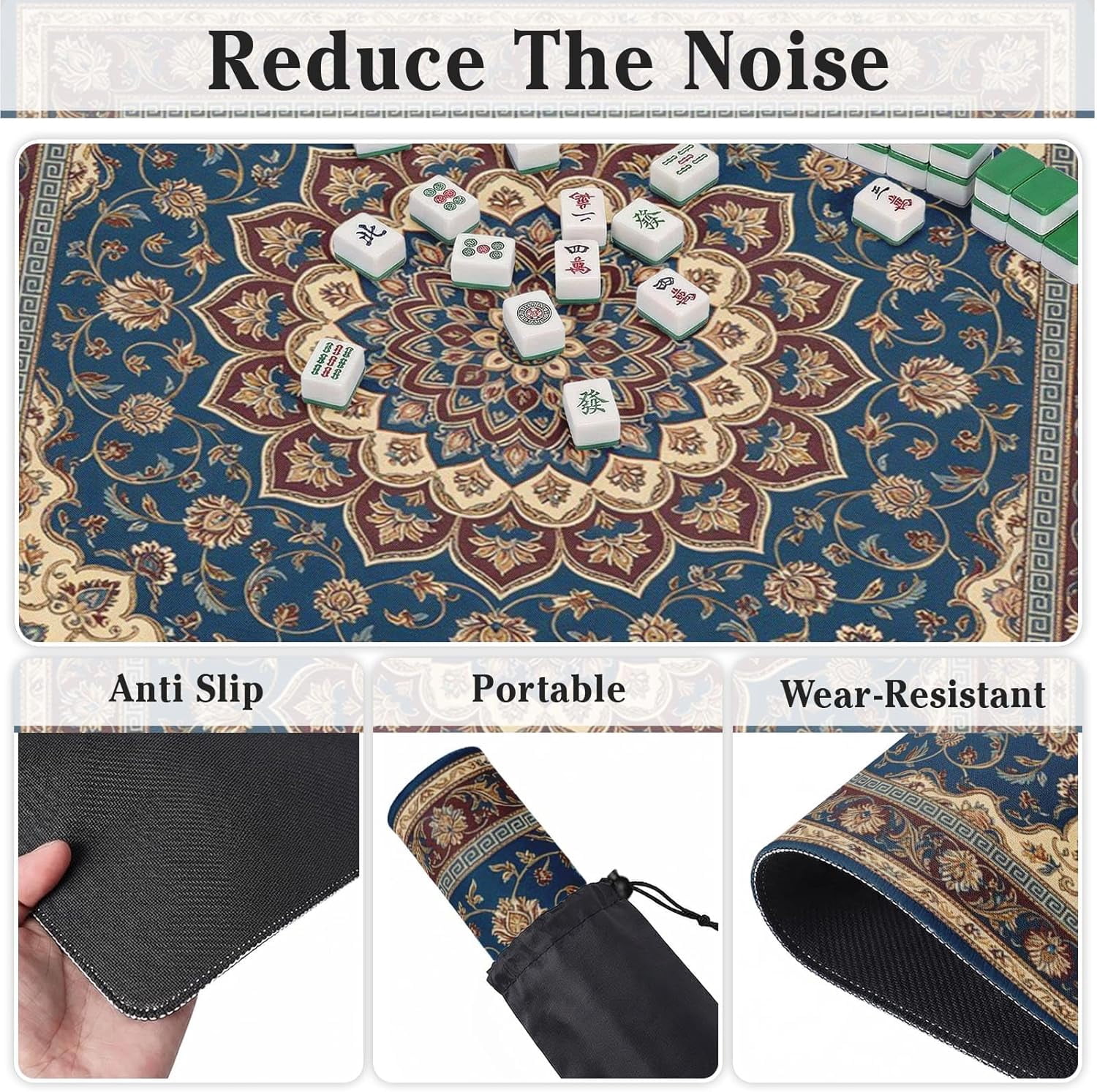 Mahjong Mat with Black Carrying Bag Blue Floral Vintage Non-Slip Noise Reduction Gaming Mat 31.5" x 31.5" Rubber Multi Purpose Game Table Cover for Mahjong Card Dominoes Board Tile Games