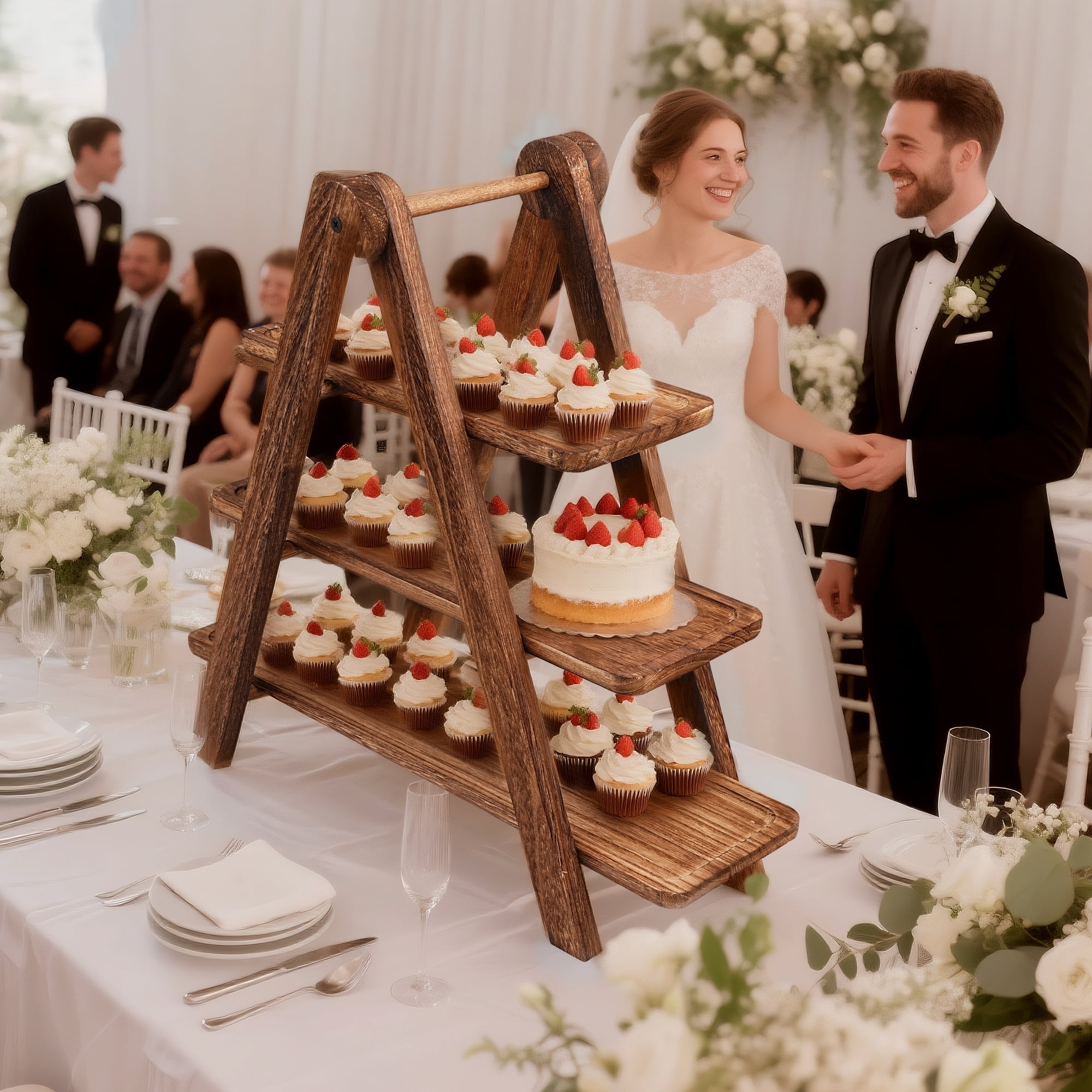 3 Tier Serving Tray, Cupcake Stand, Wooden Rectangle Serving Platter for Party, Wedding, Picnic,Your Perfect Elevated Charcuterie Stand and for Dessert Lovers