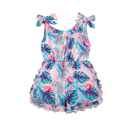 

Meihuid Baby Girl Summer Romper Heart Printed Tied Spaghetti Straps V-Neck Button Open Jumpsuit