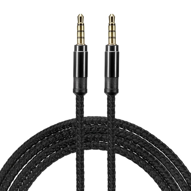 auxiliar cable 3,5mm macho a macho nylon trenzado 10 pies auxiliar cable negro para auriculares, inteligentes teléfonos, casa/coche estéreo, altavoces, computadoras paquete de 2 Cable TRS de 3 m (10 pies), vista frontal centrada de dos conectores macho 3.5 mm chapados en oro con casquillo metálico negro y cable de nylon trenzado negro enrollado en la base; diseñado para conectar teléfonos, auriculares, estéreos de casa o carro y altavoces; no admite micrófono; también es adecuado para uso como extensión temporal en configuraciones de transmisión o audio portátil.