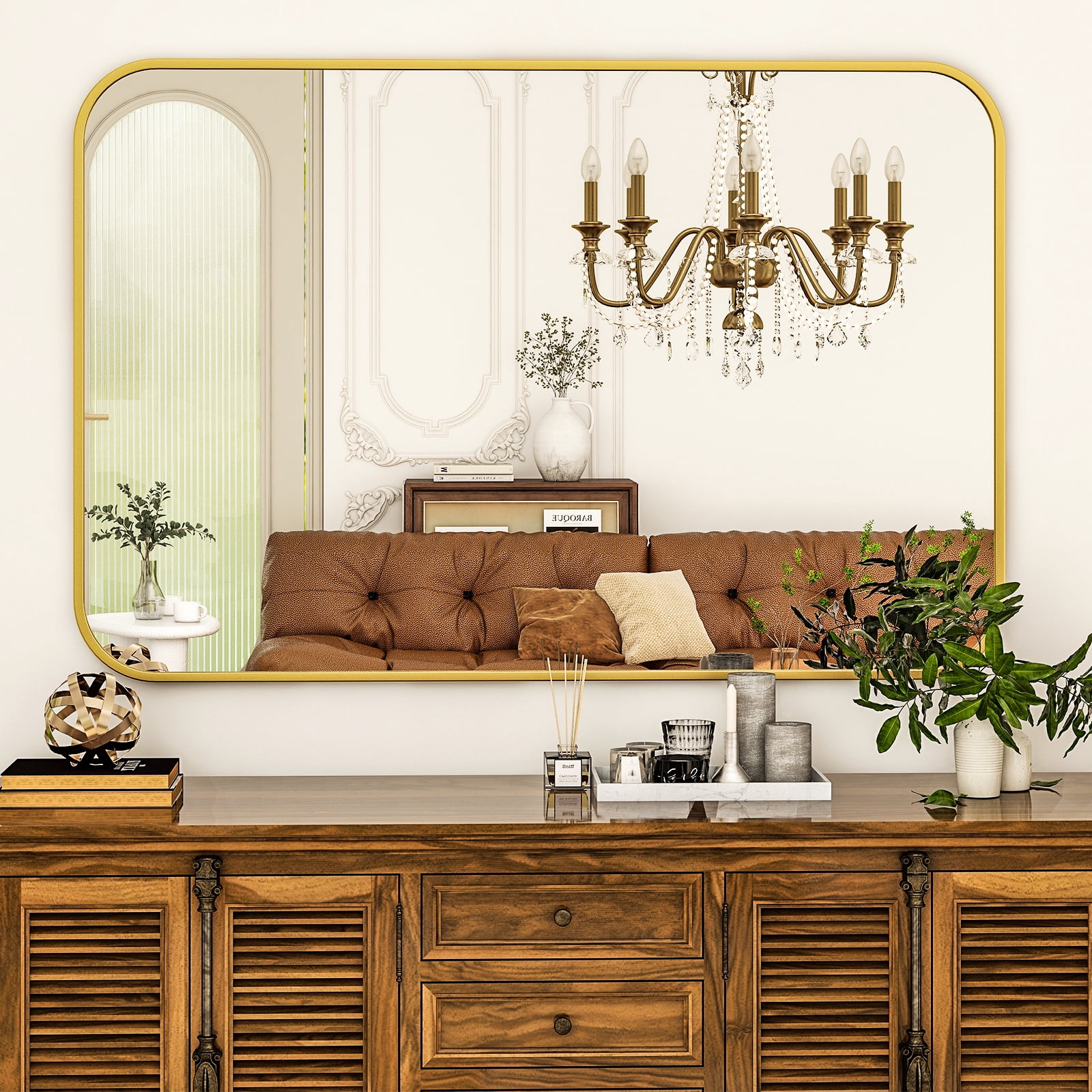 Lumora 48"x30" Rectangular Bathroom Mirror with Round Edge Wall Mounted Wall Mirror, Gold