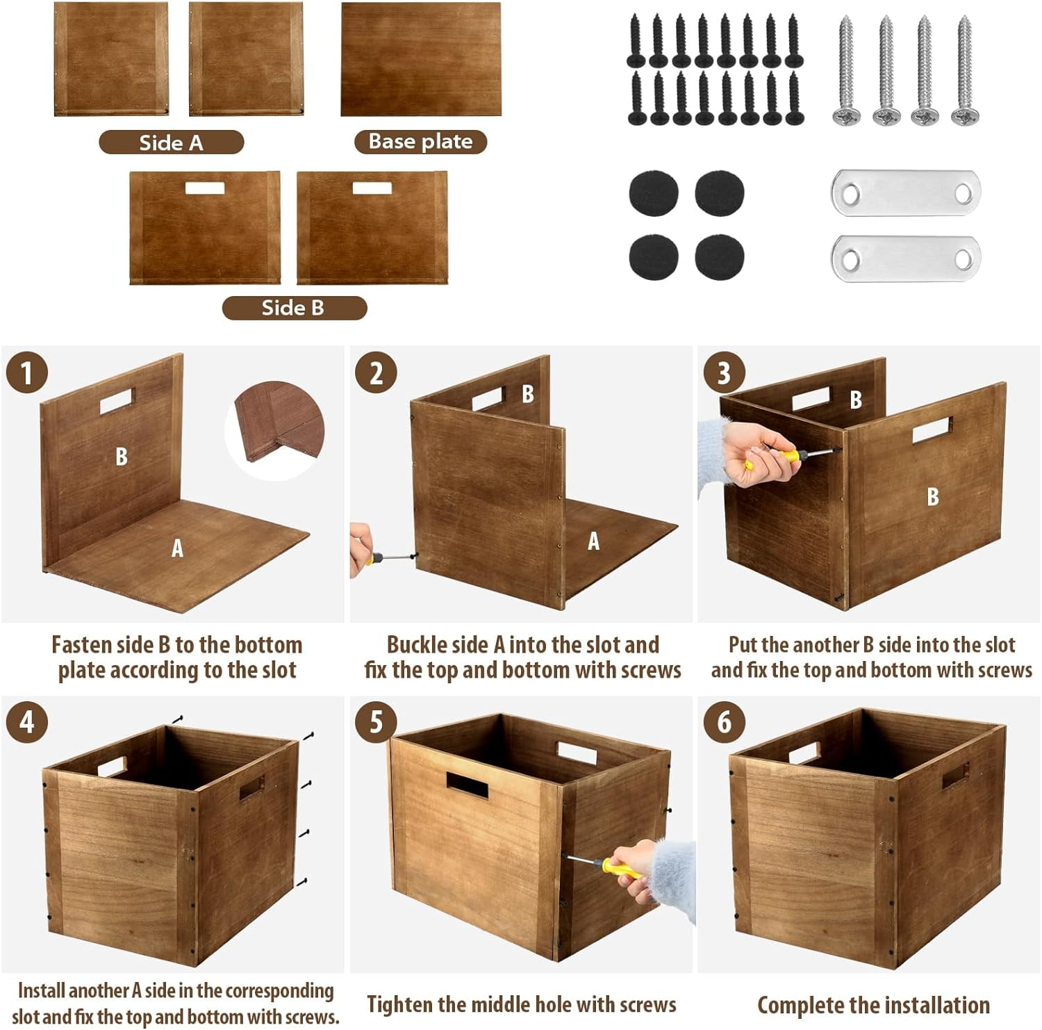 4 Pcs Stackable Wood Storage Cube for Shelves Closet Wooden Bins Box Wood Crates Storage Baskets Container for Toy Books Clothes Home Office, Dark Brown(14 x 10 x 10 Inch)