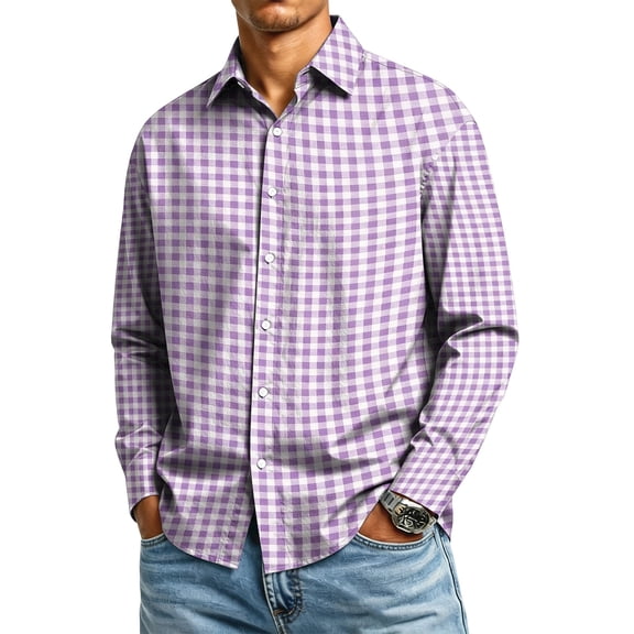 Lightweight Wrinkle Resistant Gingham Plaid Long Sleeve Shirt for Men Button Down Regular Fit 4 Way Stretch Lapel Collar Office Business Casual Weekend Wear L