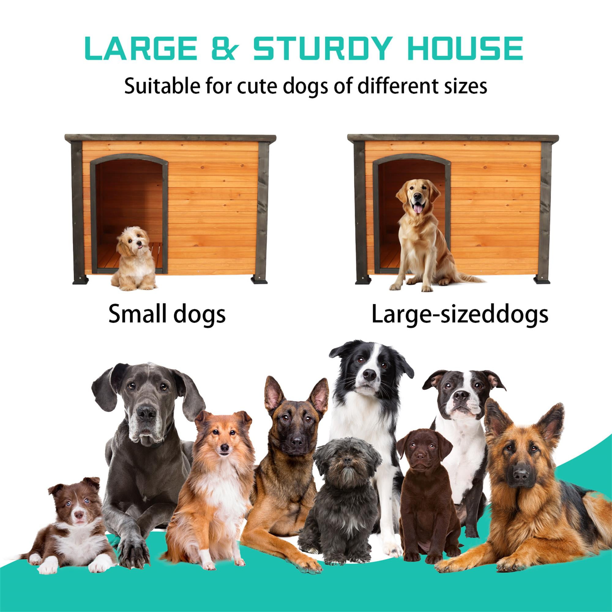Pefilos 32" Width Wooden Dog Houses for Small Medium Large Dogs Outdoor Weatherproof Dog Kennel with Raised Feet, Gold Pefilos 32" Width Wooden Dog Houses for Small Medium Large Dogs Outdoor Weatherproof Dog Kennel with Raised Feet, Gold