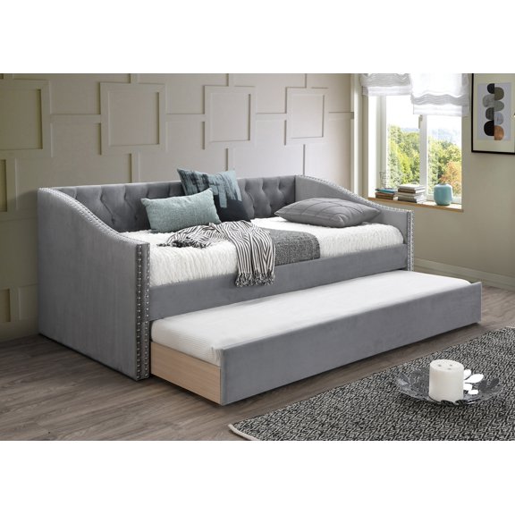 LiviNest Day Bed with Trundle: Gray Velvet Upholstered Sofa Bed - Button Tufted Nailhead Trim Contemporary Style for Small Spaces & Guest Room