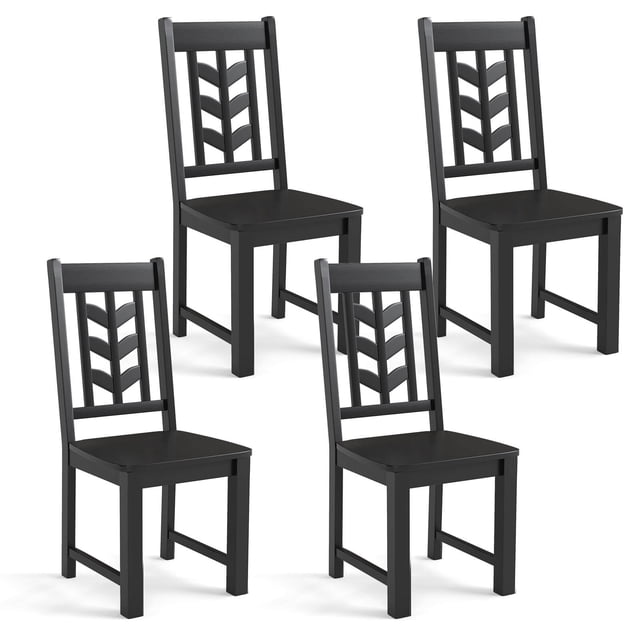 Costway Dining Chair Set of 4 with Rubber Wood Frame & Leaf-shape High Back for Kitchen Black
