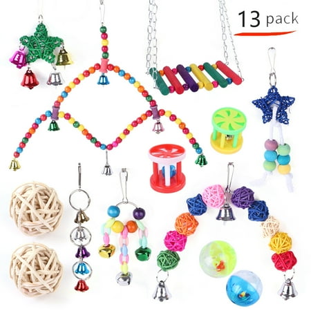 13 Pcs Parrot Bird Toys, Chew Toy for Parakeet Bird Cage Accessories Hanging Swing Bell Wooden Toy Sets Colorful Cage Kit