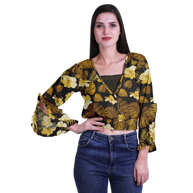 Moomaya Haut Court Imprimé pour Femmes Style Enveloppant Manches Longues à Volants Blouse d'Été Décontractée
