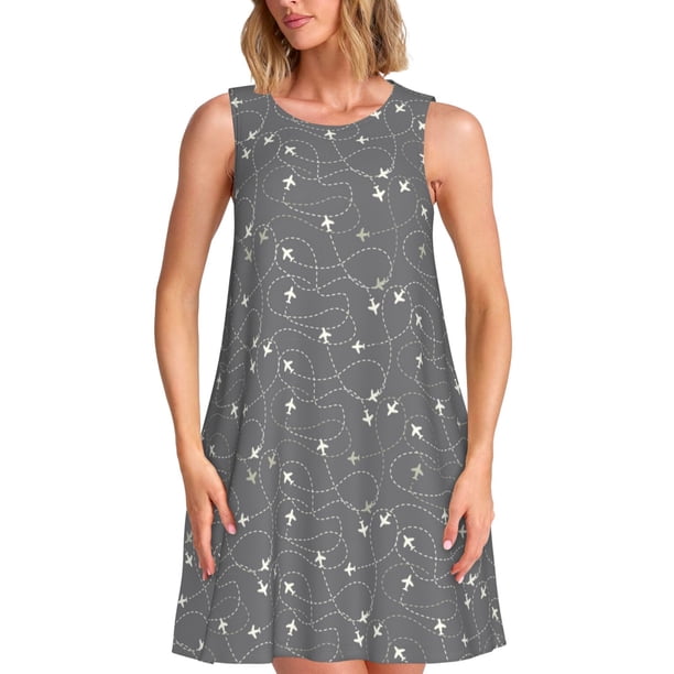 Easygdp Airplane Routes Around The World para Vestido Transpirable de Mujer, Vestido Suelto de Manga Corta con Pliegues y Bolsillos para el Verano