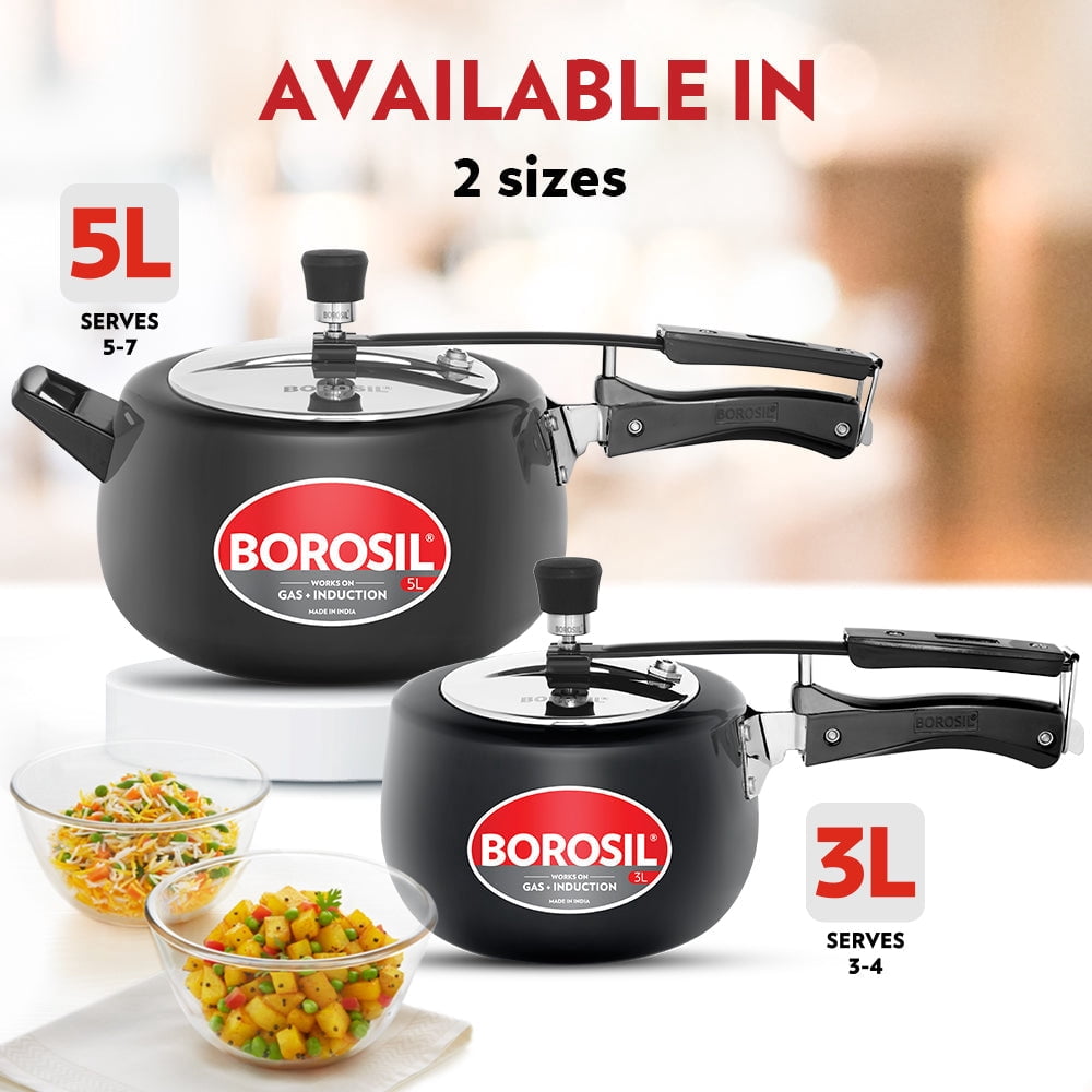Borosil 3 L Pronto Hard Anodised Cooker | 3S Aluminium | Gas Stove & Induction Compatible | 5 Years Warranty