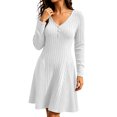 thumbnail image 5 of Tqcoqu Dresses for Women Long Sleeve Button V Neck Lightweight Ribbed Knit Casual Babydoll A Line Swing Flared Fall Dresses, 5 of 8
