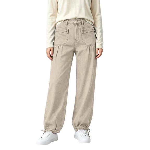 Yyeselk Women's Baggy Tapered Jeans Button Elastic Waist Ankle Denim Pants Streetwear Balloon Trousers with Pockets Beige M