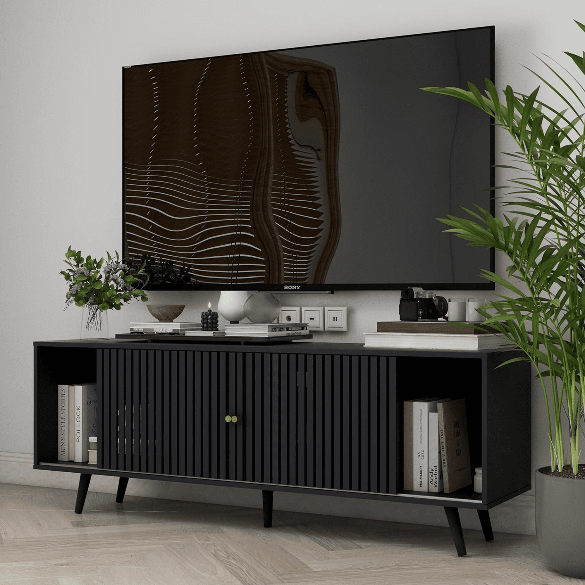 Lisicue Mid-Century Modern TV Stand for TVs up to 70 Inches with Sliding Doors and Storage, Black