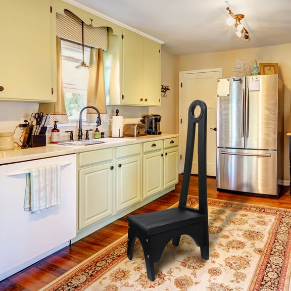 Heavy Duty Wood Step Stool with 32.75 inches Tall Handle, Vintage Step Stool for for Kitchen, Bedroom or Bathroom, Black