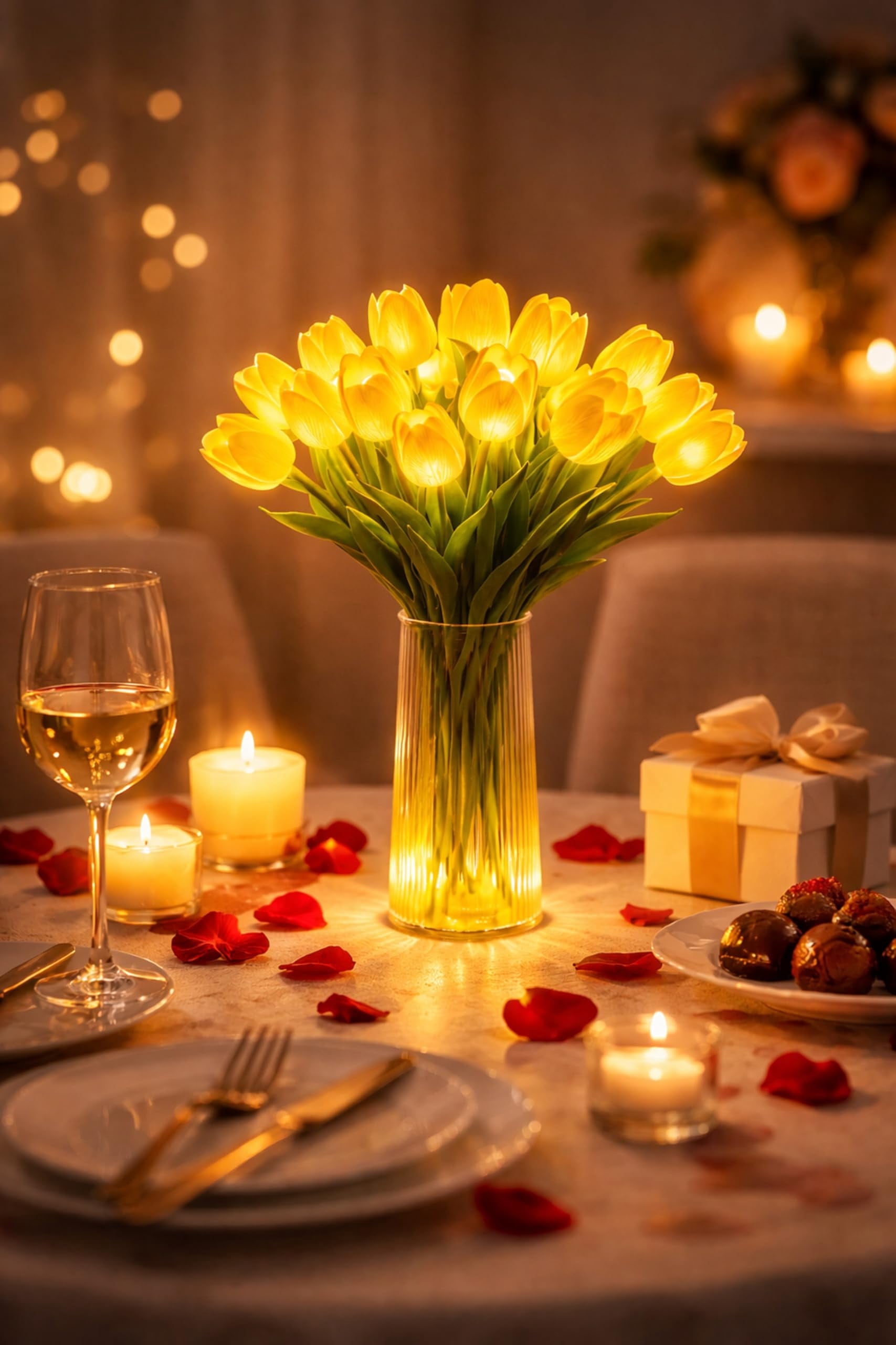 Romantic Tulip Night Light with Vase, 15 LED Never-Fade Twinkling Tulip Lamp, Flower Ambient Light for Bedroom Bedside Decor & Gift