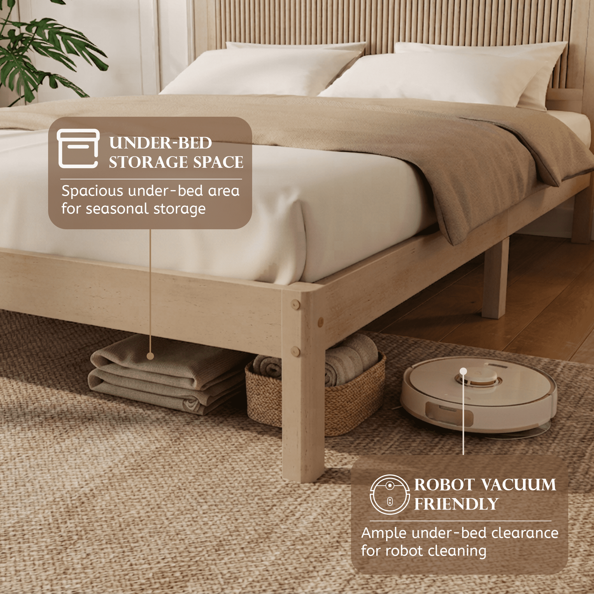 Miniyam Queen Size Wooden Platform Bed Frame with Headboard, Fluted Wave Design, Natural