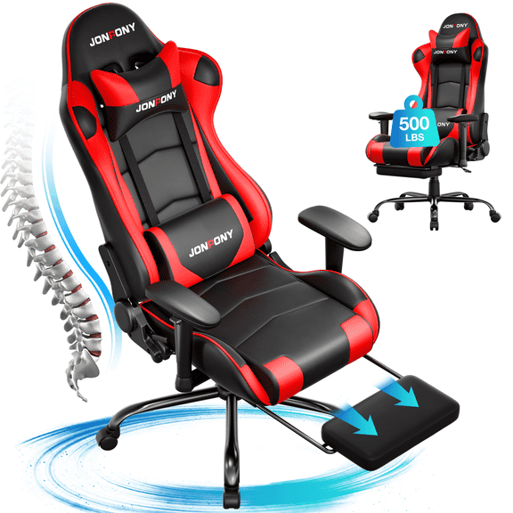 JONPONY Big and Tall Gaming Chair, Ergonomic Design, Gamer Chair PU Leather with Footrest and Lumbar Support, High Back Office Chair Support 8 Hours Long Sitting,Red Computer Chair,Red