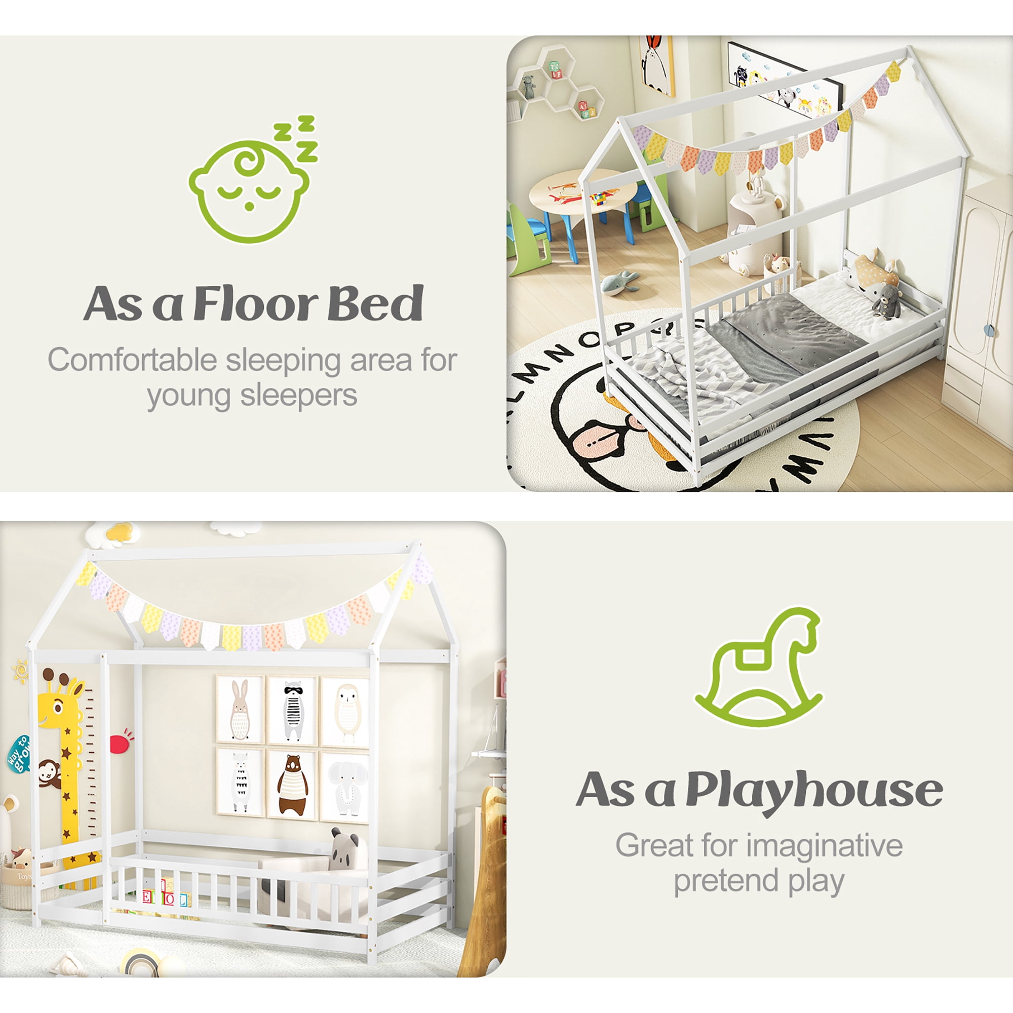 Gymax Twin Size House Bed w/ Roof & Full-length Safety Guardrail Playhouse Bed Frame White