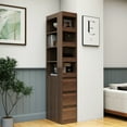 thumbnail image 2 of Tall Display Storage Cabinet Modern Bookcase with 4 Tier Shelves 3 Side Drawers Wooden Particle Board MDF Walnut Finish for Living Room Home Office Kitchen Pantry, 2 of 9