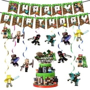 Minecraft Birthday Party Supplies, 28 Pcs Pixel Birthday Party Decoration Include Happy Birthday Banners, Hanging Swirls and Cake Topper Birthday Party Favors for Boys Kids