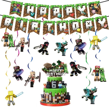 Minecraft Birthday Party Supplies, 28 Pcs Pixel Birthday Party Decoration Include Happy Birthday Banners, Hanging Swirls and Cake Topper Birthday Party Favors for Boys Kids