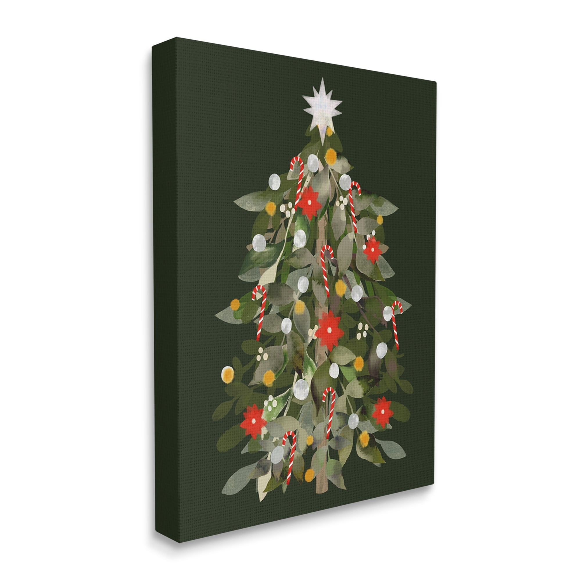 Jovial Christmas Tree Decorated Ornaments Poinsettia Flowers Botanical & Floral Painting Gallery-Wrapped Canvas Print Wall Art