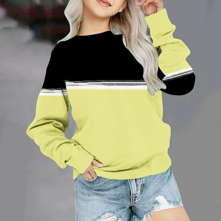 

PiGOGI Girls Crew Neck Sweatshirt Colorblock Pullover Tops Casual Splicing Long Sleeve Lightweight Blouse Tee 1-12 Years Yellow