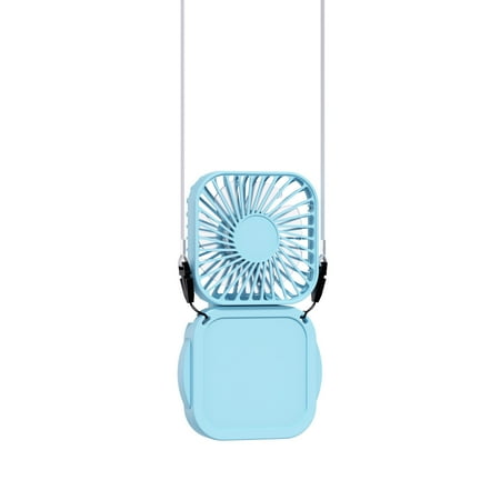 

Mini Desktop Fan Makeup Mirror Square Hanging Neck Folding Small Fan Handheld Portable Pocket USB Charging Blue