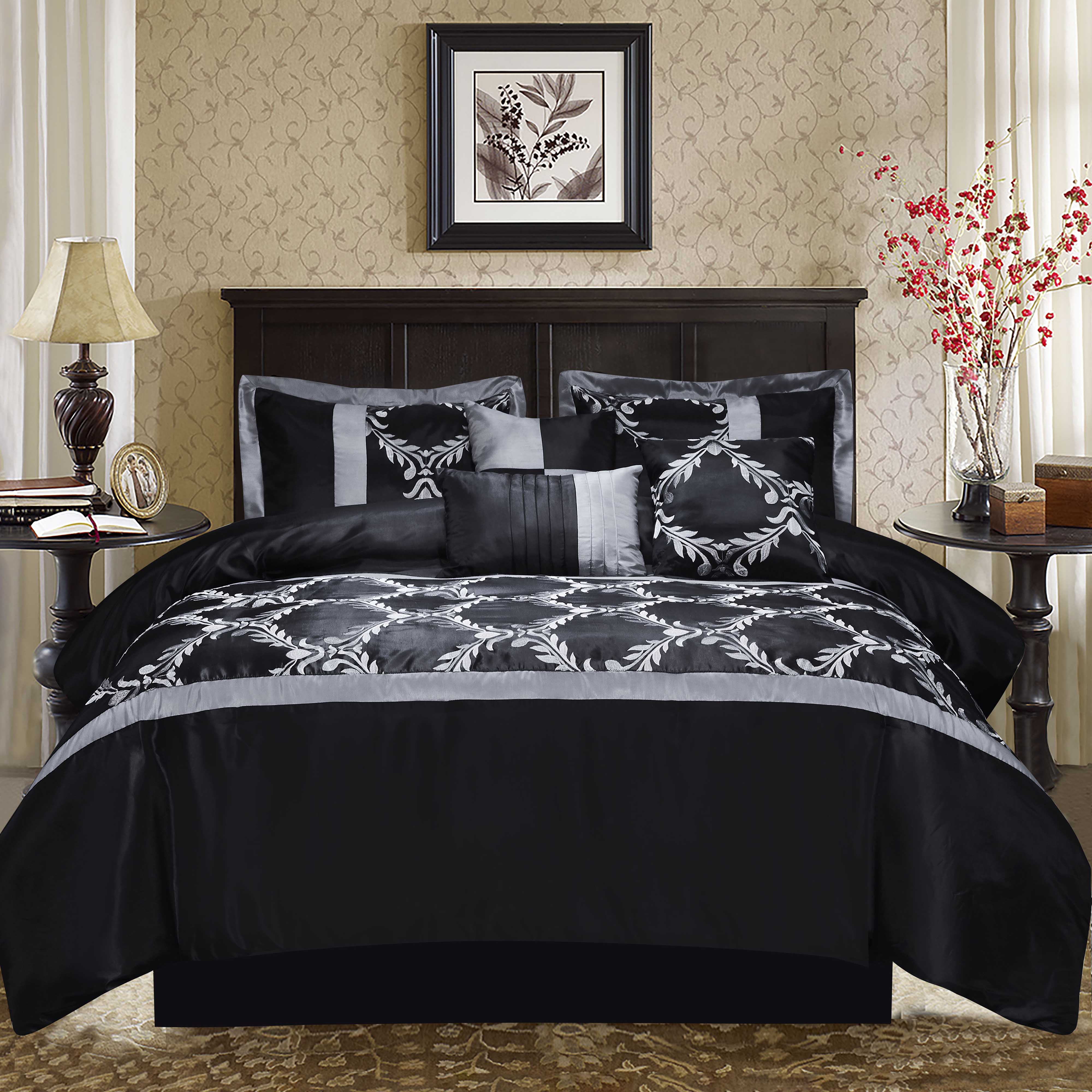 Hig 7 Piece King Bedding Set Black And Silver And Gold Faux Silk Fabric