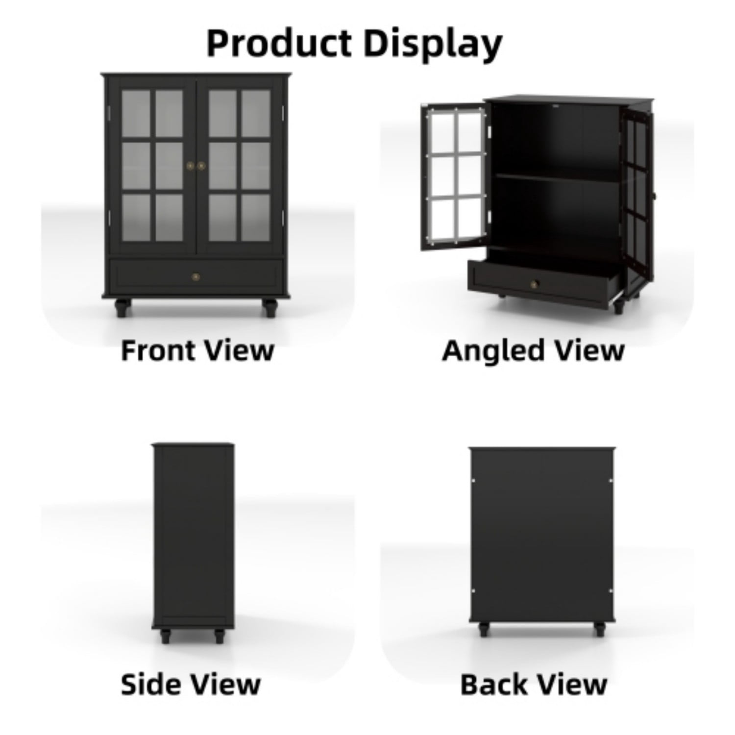 Minimalist White Buffet Cabinet with Glass Doors and Drawer, Modern Sideboard Storage Cabinet with Adjustable Shelves for Living Room Dining Room Kitchen Hallway Entryway, Black