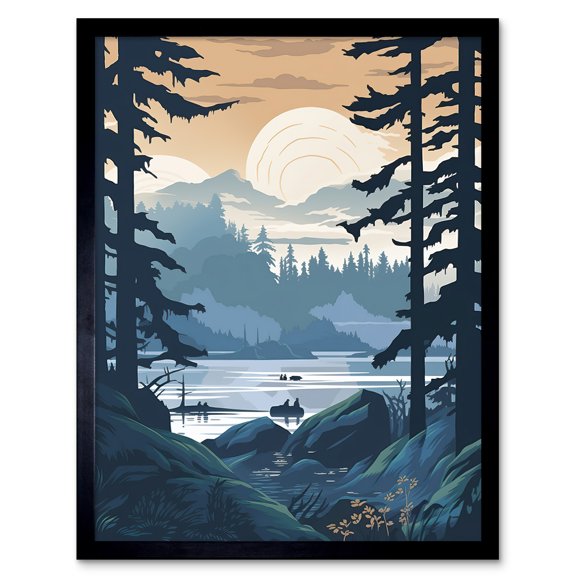 Lake View in Rainforest Landscape Illustration Art Print Framed Poster Wall Decor 12x16 inch