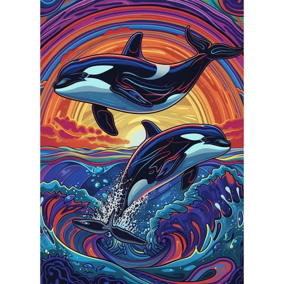 DIY 5D Diamond Art Two Orcas Whale Jumping Paint with Full Drill Round Diamond Gems Painting by Number Kits for Adults Art Craft Home Wall Decor 15.8x19.8in