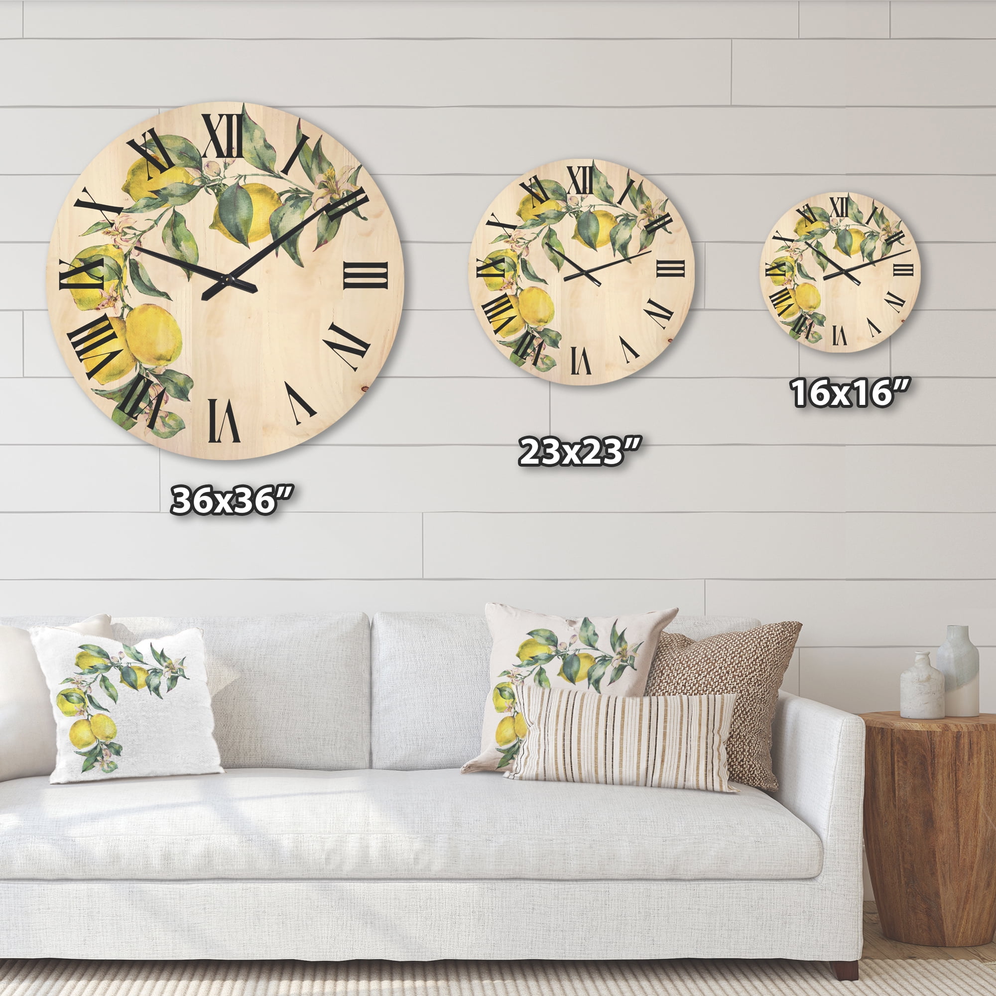 Designart 'Branch of Leaves and Yellow Lemons II' Tropical Wood Wall Clock
