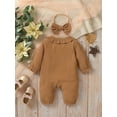thumbnail image 3 of Baby Girls 2 Piece Outfits Solid Color Ruffles Button Long Sleeve Romper and Cute Headband Set, 3 of 8
