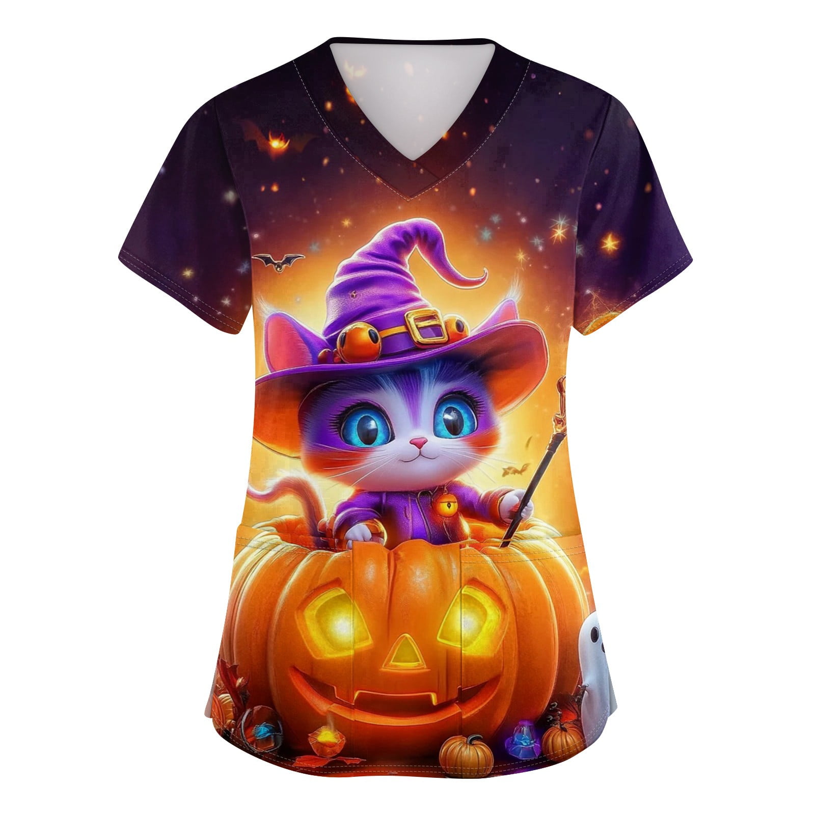 Women's Halloween Print Scrub Tops Short Sleeve V-Neck Nursing Uniforms for Medical Professionals 02-Purple Pink S