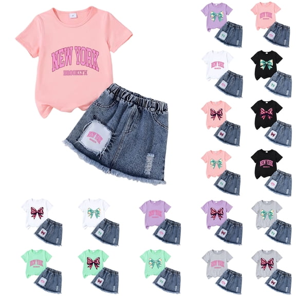 larppty Girls 2-Piece Outfit Set, New York Brooklyn Print Short Sleeve T-Shirt & Distressed Denim Skirt, Kids Casual Fashion Clothes for Play & Daily Wear(M, 5-6 Years)