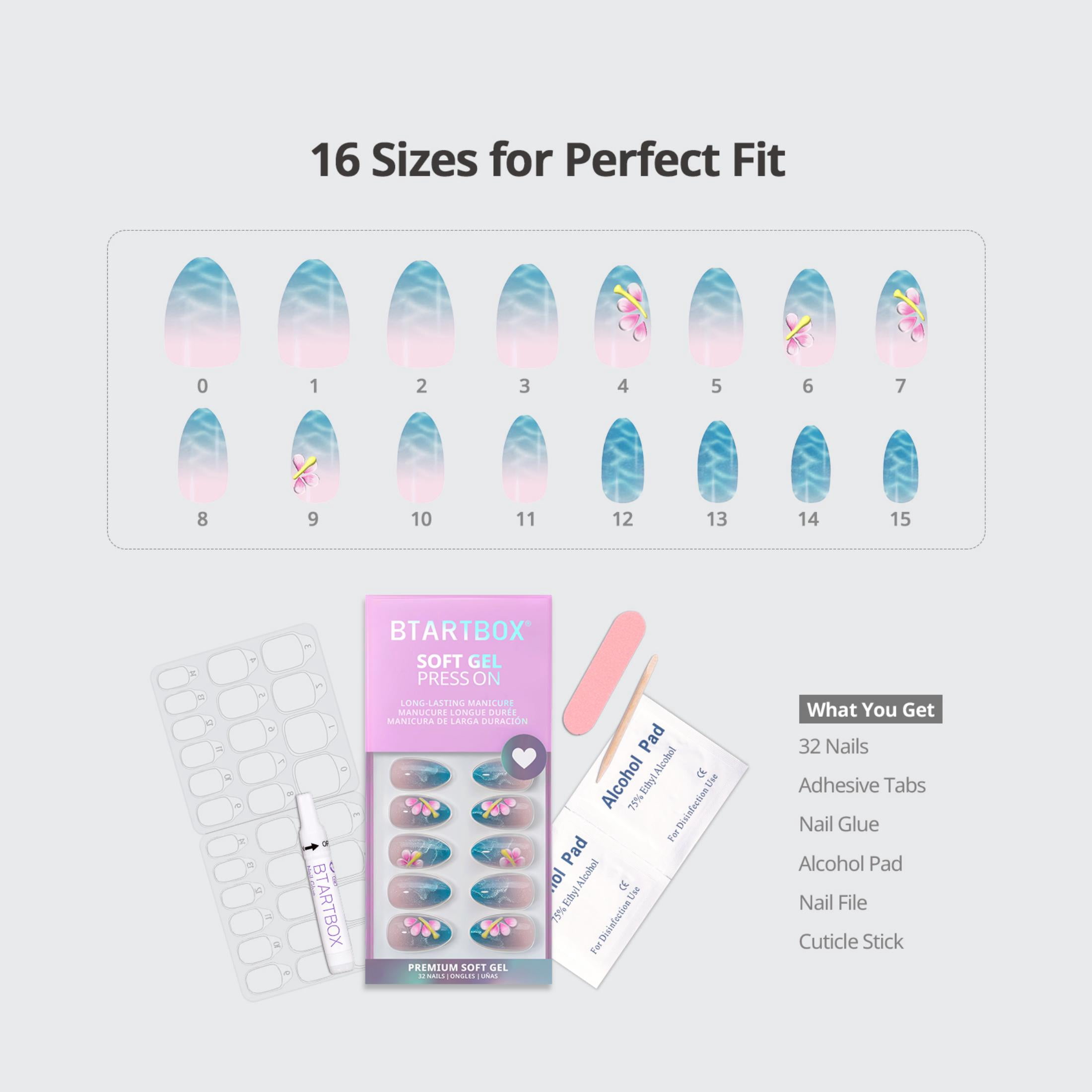 BTArtbox Press On Nails - Blue Holiday, Short Almond, 2-Week Wear, Easy-to-Apply, 32 Count All-in-One Kit