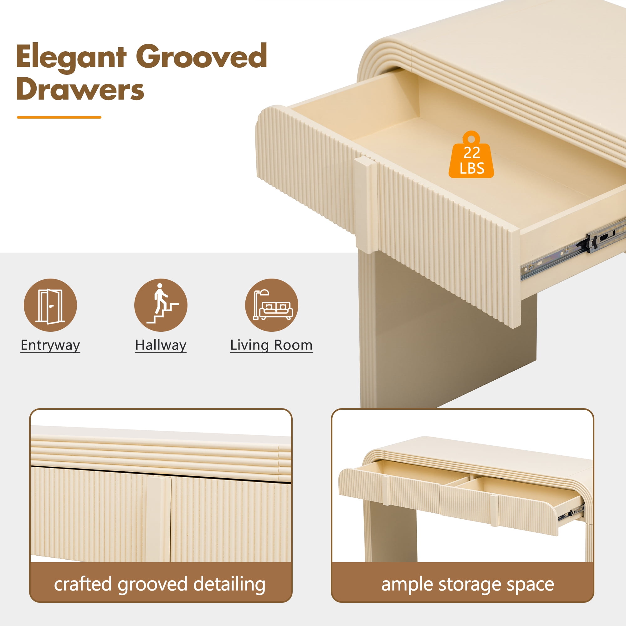Euroco 55" Unique Curved Console Table with 2 Storage Drawers, Fluted Accent Entryway Table Sofa Table for Hallway Living Room Foyer,Apricot Cream