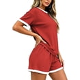 thumbnail image 5 of Womens Ribbed Knit Two-Piece Set Casual Short Sleeve T Shirt And Shorts Matching Outfit With Contrast, 5 of 7