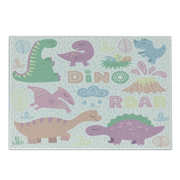Dino Cutting Board, Funny Dinosaur Family Baby Nursery Theme Cartoon in Pastel Tones with Roar Lettering, Decorative Tempered Glass Cutting and Serving Board, in 3 Sizes, by Ambesonne