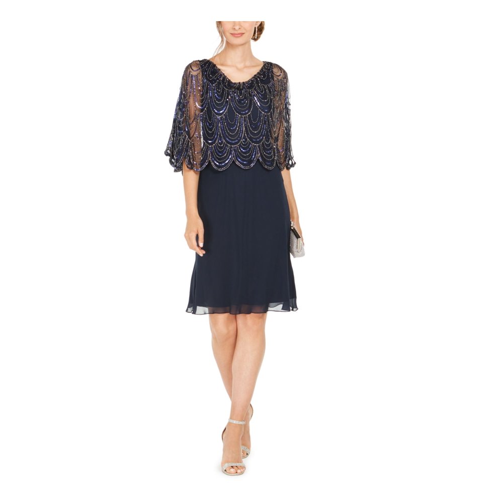 J Kara - JKARA Womens Navy Beaded 3/4 Sleeve Jewel Neck Above The Knee Layered Formal Dress Size