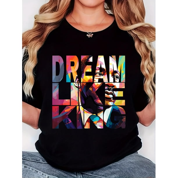 Camiseta para mujer, camiseta para mujer, camiseta básica, trajes simples de moda, camisetas de manga corta, camisetas de verano para deportesWomen'S T-shirt, "DREAM Black Leader" Print, Retro Minim